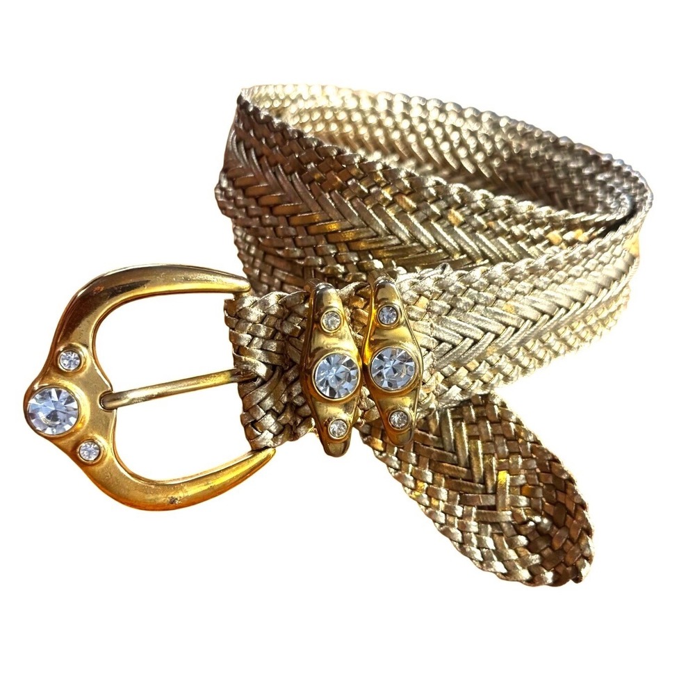 Vintage 80's Gold Braided Belt Rhinestone Buckle Made in‎ Taiwan
R.O.C Women S/M